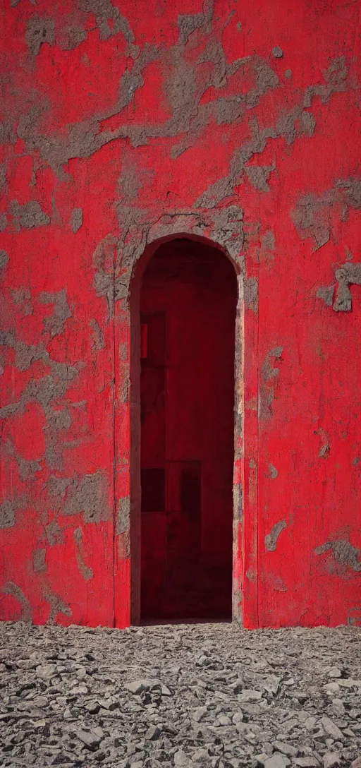 Image similar to huge detailed red door standing in wasteland in style of zdzisław beksinski, fractal patterns,