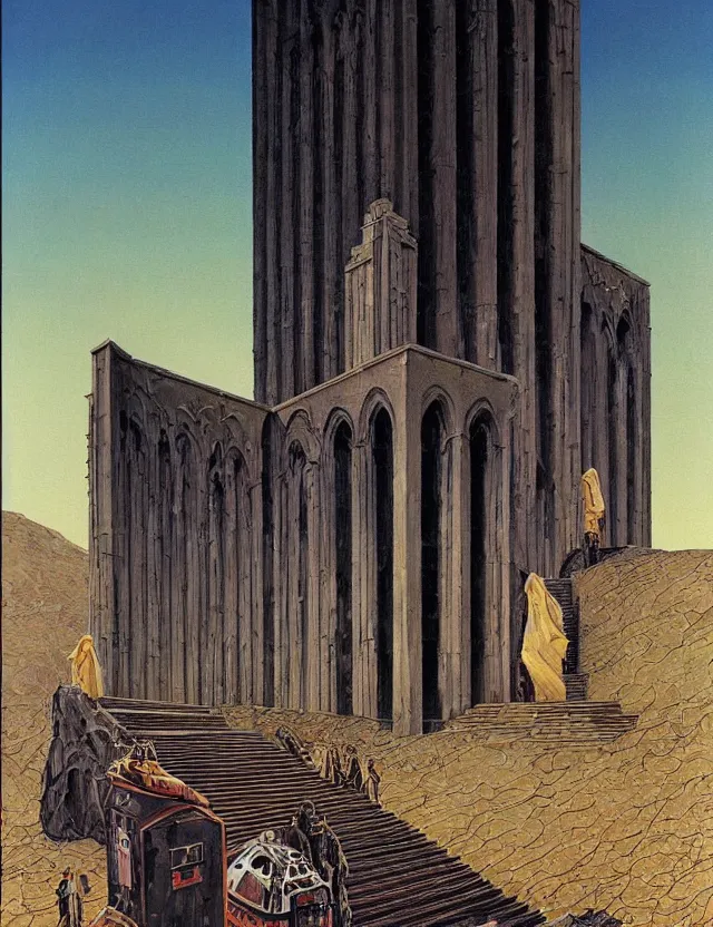 Image similar to huge gothic crematorium on desert planet, elevator, side ramp entrance ambulance smoke dead bodies, guards intricate, painting by lucian freud and mark brooks, bruce pennington, dark colors, neon, death, guards, nice style culture