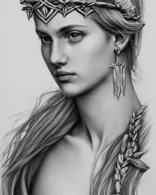 Image similar to pencil drawing of a beautiful greek goddess aphrodite wearing a laurel wreath and arrowhead earrings, beautiful confident and piercing eyes, beautiful blonde hair, hyper realistic face, in the style of greg rutkowski, fantasy, amazing detail, epic, elegant, smooth, sharp focus, from the front