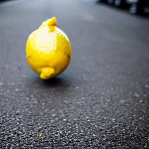 Prompt: photo of a lemon, with a business suit on, Walking to work with a briefcase, 24 mm lens