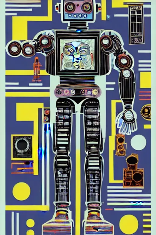 Image similar to a diagram of a robot body with various parts, cyberpunk art by eduardo paolozzi, behance contest winner, computer art, greeble, steampunk, poster art, james turrell, robert rauschenberg, andy warhol, pop art, czechoslovakia, surrealism, milton glaser, graphic design