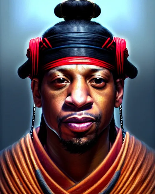 Image similar to face portrait of allen iverson as a muscular ronin samurai, wearing a haori, by wlop and peter mohrbacher, dramatic action pose, extremely detailed shading, concept art, digital painting, trending on artstation, unreal engine 5, octane render, atmosphere, glow, cinematic lighting, full of color