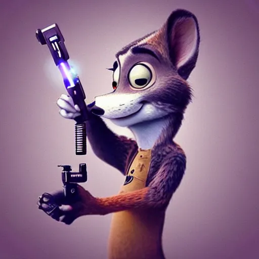 Image similar to “ animal character in the style of zootopia holding laser gun, floating alone, with a black dark background, digital art, award winning, trending on art station ”