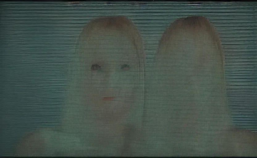Prompt: vhs tape glitch video of a pixelated portrait woman trying hidden underneath a transluscent sheet, horror, moody vibe, vcr tape, 1 9 7 0 s analog aesthetic, kubrick