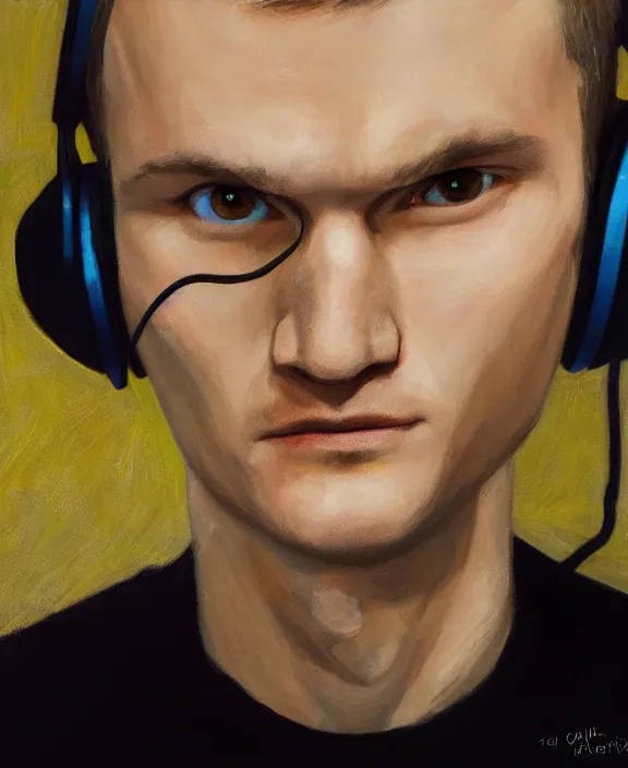 Prompt: vitalik buterin in headphones. vitalik buterin, close up, perfect symmetric face, coherent eyes, cute beautiful face, fine details., 4 k, hans zatska, oil paint