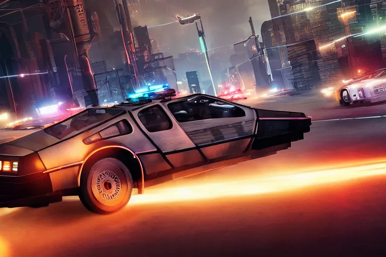 Image similar to photo of the back to the future delorean being chased by police on wet cyberpunk city streets at night, rocket league tank, mad max, action, speed, volumetric lighting, hdr, gta 5, makoto shinkai, syd mead, borderlands, fast and furious, octane, 8 k, iso 1 0 0, 1 2 mm