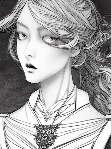 Image similar to a woman's face, baroque style, elegant, beautiful, mesmerizing, concept art, fancy clothing, highly detailed, artstation, behance, deviantart, inspired by innocent manga, inspired by castlevania concept art, trending, ayami kojima, shinichi sakamoto