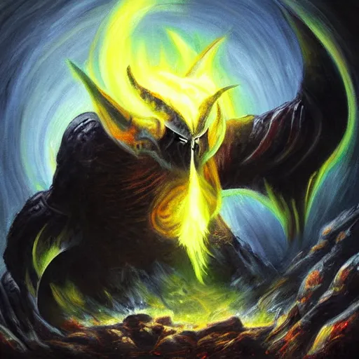 Image similar to balrog of morgoth oil painting, ethereal
