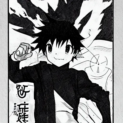 Image similar to young anime hero, illustrated by mato and ken sugimori, manga, black and white illustration