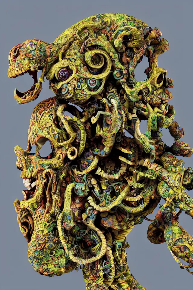Prompt: a side view of a surreal portrait statue of skeleton monkey as a psychedelic neural tiki reptile stone god by naoto hattori, android jones, and chris dyer, deep bold colors, galactic dmt entity, depth of field, intricate beautiful painting, billions of details, octane render, portal, 8 k, detailed vector, trending on artstation, cgisociety