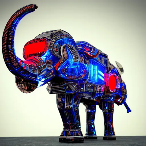 Prompt: hyper realistic cybertronic armored elephant. high details. blue and red leds. complex mechanical body. intricate, trending on art station, 8 k render.