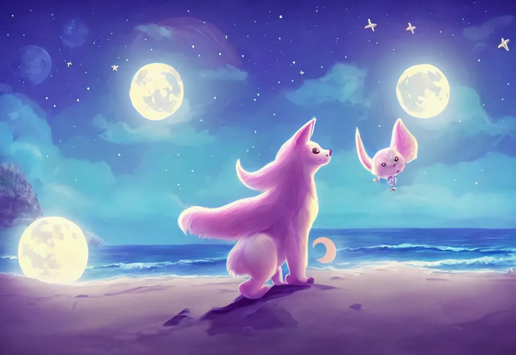 Image similar to cute magical fantasy animal at a beach looking at the moon, ultra realistic, concept art, highly detailed