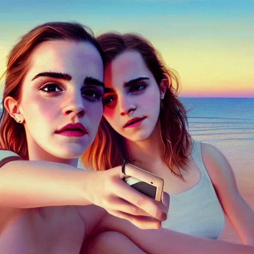 Image similar to beautiful serene intricate portrait of emma watson and emma watson taking a selfie, relaxing on the beach, golden hour, soft focus, 8 k, art by irakli nadar, hyperrealism, hyperdetailed, ultra realistic