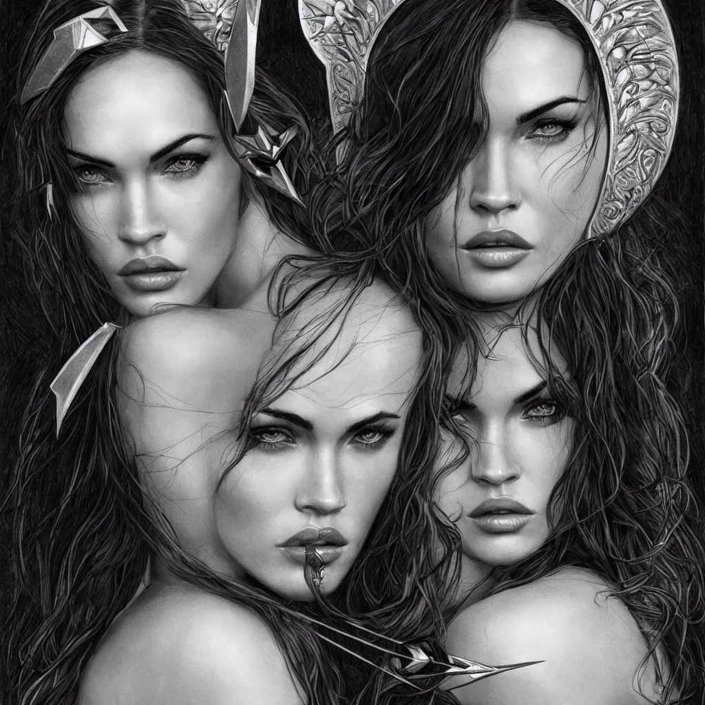 Prompt: portrait of beautiful megan fox as greek goddess aphrodite, archer, arrow on the head, beautiful piercing eyes, flowing blonde hair, realistic face, black and white drawing, in the style of greg rutkowski, fantasy, amazing detail, epic, intricate, elegant, smooth, sharp focus