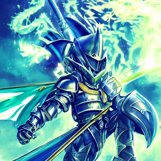 Image similar to fantasy knight in blue armor with a golden sword driving a green hatchback car with a dragon blowing fire above, manga, Yusuke Murata, artstation, 8k