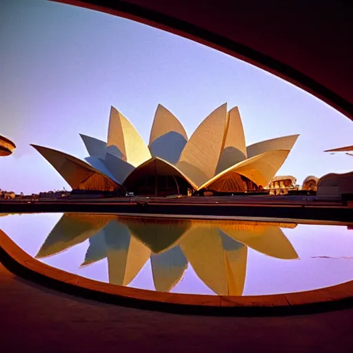 Image similar to interior of a futuristic lotus temple with gold, red and white marble panels, in the desert, by buckminster fuller and syd mead, intricate contemporary architecture, photo journalism, photography, cinematic, national geographic photoshoot