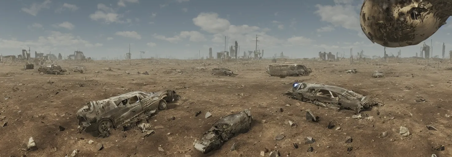 Image similar to wastelands by a sunny day, year 2 3 5 9, after a nuclear outcome, detailed ground, smooth and high resolution, unique bus wreck, impacts, clear atmosphere