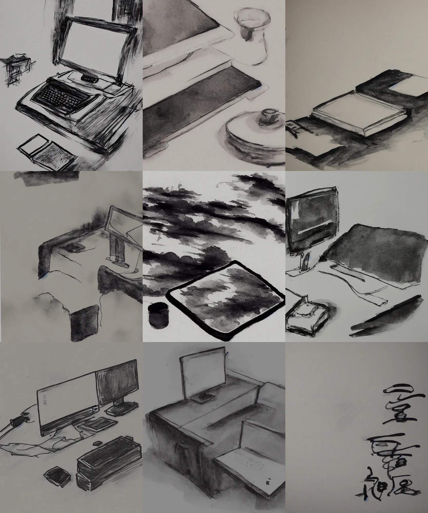 Prompt: desktop computer, chinese ink painting