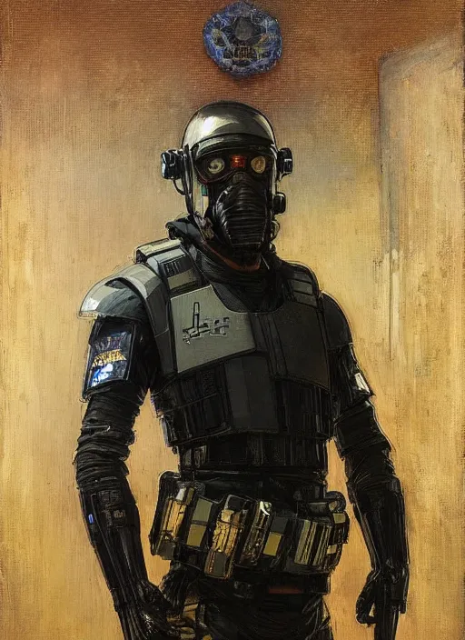 Prompt: Eliezer Nash. Menacing Cyberpunk police trooper wearing a combat vest. Rainy streets (dystopian, police state, Cyberpunk 2077, bladerunner 2049). Iranian orientalist portrait by john william waterhouse and Edwin Longsden Long and Theodore Ralli and Nasreddine Dinet, oil on canvas. Cinematic, vivid colors, hyper realism, realistic proportions, dramatic lighting, high detail 4k