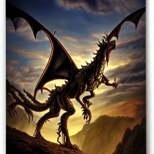 Image similar to steampunk ent dragon from lord of the rings, high detail, realistic, pastel, complex, dark, magical natural mountainous background with setting sun, smoke in sky