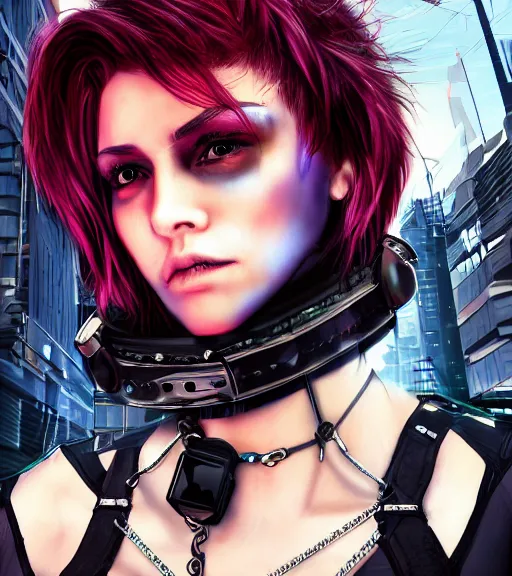 Image similar to detailed realistic female character cyberpunk wearing thick technological collar around neck, realistic, art, beautiful, 4K, collar, choker, collar around neck, punk, artstation, detailed, female, woman, choker, cyberpunk, neon, punk, collar, choker, collar around neck, thick collar, tight around neck, punk,