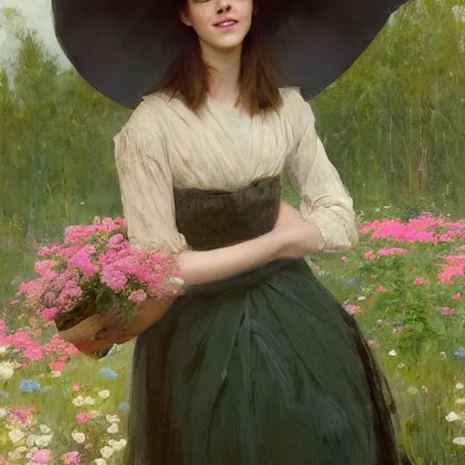 Prompt: laughing thick paint brush strokes full body fashion model emma watson by Jeremy Lipking by Hasui Kawase by Richard Schmid (((smokey eyes makeup eye shadow fantasy, glow, shimmer as victorian woman in a long white frilly lace dress and a large white hat having tea in a sunroom filled with flowers, roses and lush fern flowers ,intricate, night, highly detailed, dramatic lighting))) , high quality