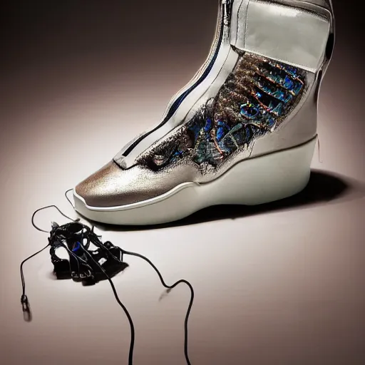 Prompt: futuristic balenciaga and vetements sneakers made out of live parts, cable, nerves, organs, by cronenberg, ultra rendered extreme realism and detail, 8 k, highly detailed, realistic, completely framed, pbr, surreal, hyper realistic, colorful, direct lighting, 3 5 mm photo, photorealistic, sharp focus,