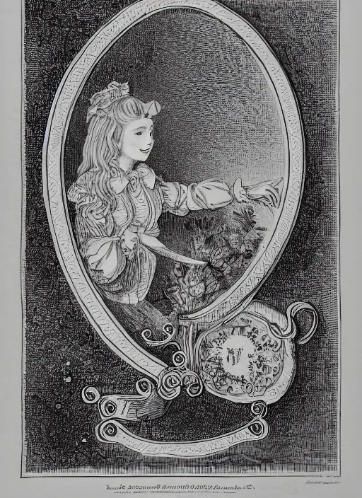 Image similar to A pen and ink illustration of portrait of alice in wonderland, ornate border around the side, 1800's style design