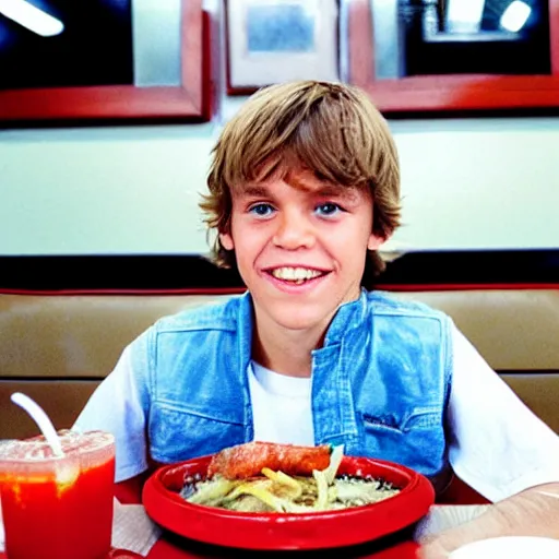 Image similar to portrait young luke skywalker sitting at a denny's restaurant eating a steak covered in ketchup