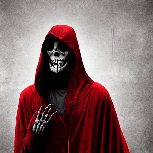 Image similar to a dark robed skeletal figure, with face covered by a hood, behind zombies, with swirling red magic, hd, digital art, photorealistic, by anson maddocks