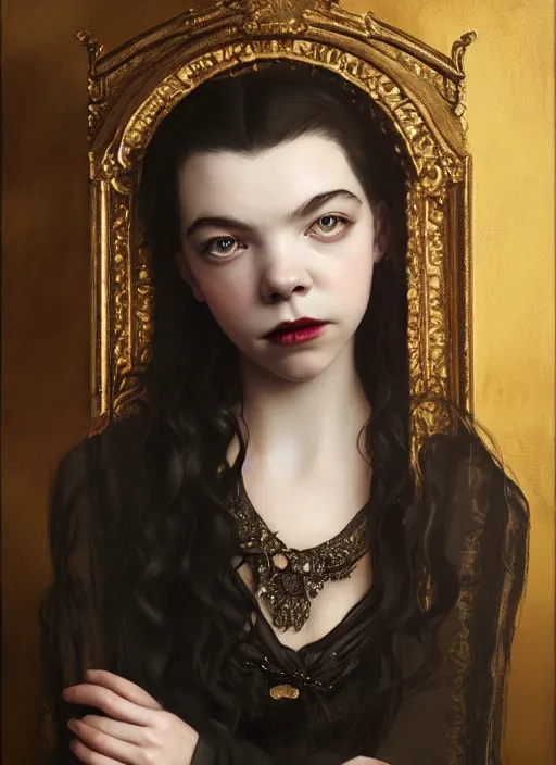 Prompt: a portrait of an elegant beautiful dark bohemian vampire woman, smooth face, glamour shot, (young Anya Taylor-Joy), bored, illustration, dramatic lighting, soft details, painting oil on canvas, art nouveau, octane render, HDR, 4k, 8k, HD, by Edmund Blair Leighton, Brom, Charlie Bowater, trending on artstation,