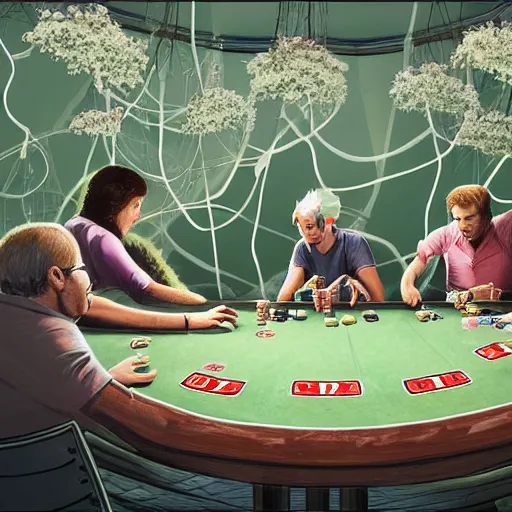 Image similar to A group of people playing poker at a poker table in the middle of an abandoned building, big room, with vines and plants growing out of cracks, broken walls and ceiling with natural light shining through, the light shows dust in the air, digital art, award winning art, 8k