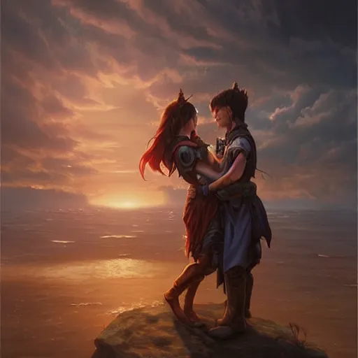 Image similar to a young couple hugging each other at sundown, D&D, fantasy, highly detailed, digital painting, trending on artstation, concept art, sharp focus, illustration, art by artgerm and greg rutkowski and magali villeneuve