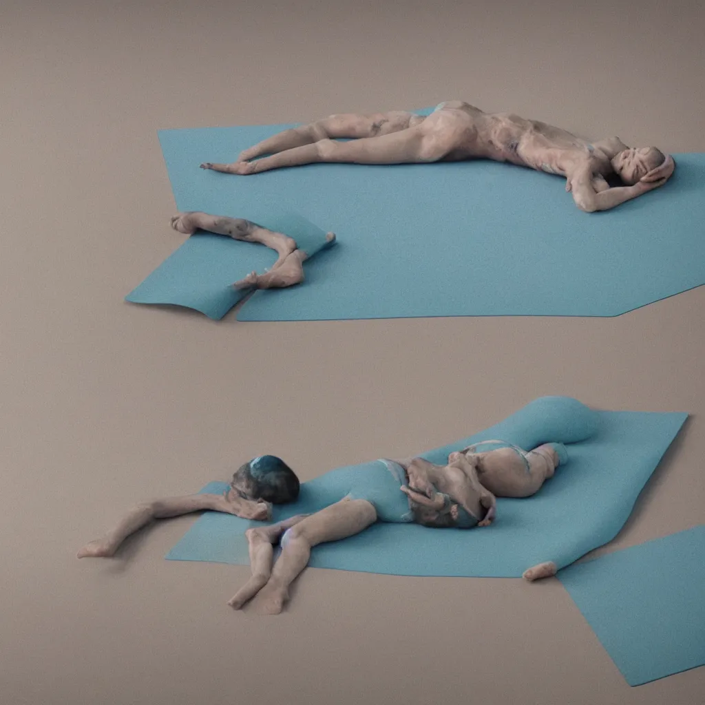 Image similar to cinestill of iridiscent oil with corpses connected by ethernet cables to wax technical forms to a buried baby relaxing on yoga mat, faded, iridiscent gradient, fog, depth of field, blur, very detailed, by nadav kander and hans bellmer, 8 k, ultrarealistic, sad atmosphere, cinematic, 8 5 mm lens