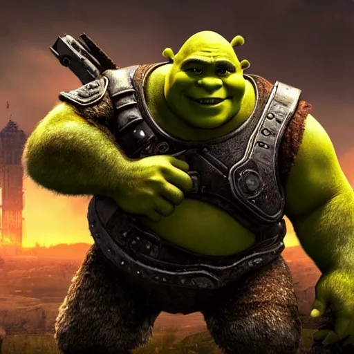 Image similar to Shrek!! as Shrek!! in 'Gears of War', splash art, movie still, cinematic lighting, detailed face, dramatic, octane render, long lens, shallow depth of field, bokeh, anamorphic lens flare, 8k, hyper detailed, 35mm film grain