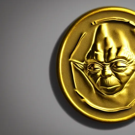 Image similar to An ancient gold coin with the yoda on it , cinematic, hyper realism, high detail, octane render, 8k