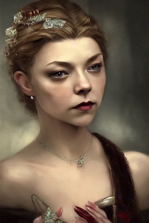 Image similar to a portrait of an elegant beautiful dark bohemian vampire woman, smooth face, glamour shot, (Natalie Dormer), bored, illustration, dramatic lighting, soft details, painting oil on canvas, art nouveau, octane render, HDR, 4k, 8k, HD, by Edmund Blair Leighton, Brom, Charlie Bowater, trending on artstation,