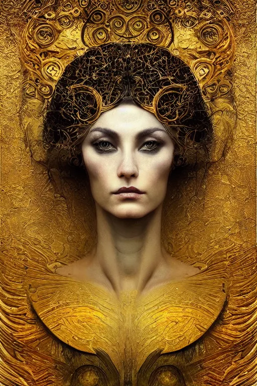 Image similar to Intermittent Chance of Chaos Muse by Karol Bak, Jean Deville, Gustav Klimt, and Vincent Van Gogh, beautiful surreal face portrait, enigma, destiny, fate, inspiration, muse, otherworldly, fractal structures, arcane, ornate gilded medieval icon, third eye, spirals