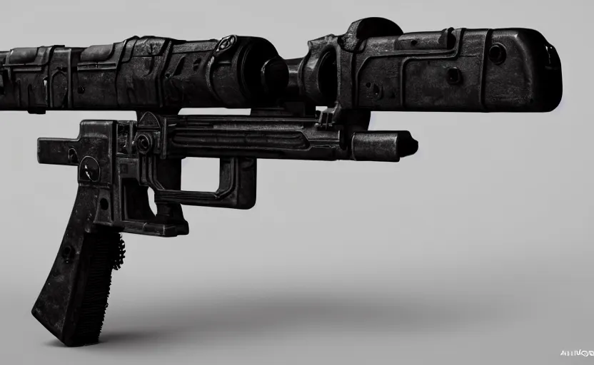 Image similar to futuristic submachine gun on a smooth white table, minimalist, studio lighting, 3d render, octane render, photorealistic, highly detailed, intricate detail, trending on artstation