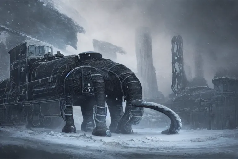 Image similar to an intricate futuristic black steam train and a giant mammoth, post - apocalyptic ice landscape in snowstorm, concept art, artstation, highly detailed, digital art