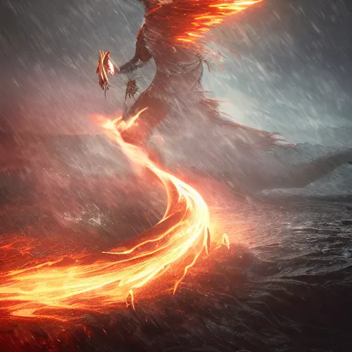 Image similar to A creature made of energy flows of water and fire, a highly detailed epic cinematic concept art CG render, made in Maya, Blender and Photoshop, octane render, excellent composition, dynamic dramatic cinematic lighting, by Dang My Linh