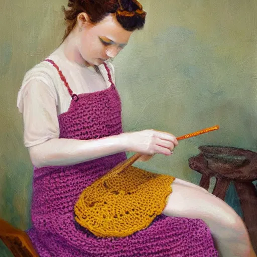 Prompt: painting young European woman crochetting