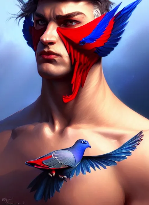 Image similar to portrait of aggressive pigeon humanoid, d & d, muscular! blue and red, fantasy, intricate, elegant, highly detailed, digital painting, artstation, concept art, smooth, sharp focus, illustration, art by artgerm and greg rutkowski and alphonse mucha