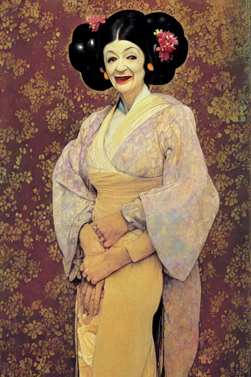 Prompt: phyllis diller as princess leia as an elderly geisha, full - figure oil painting by james mcneill whistler and alphonse mucha and gustav klimt, beautiful