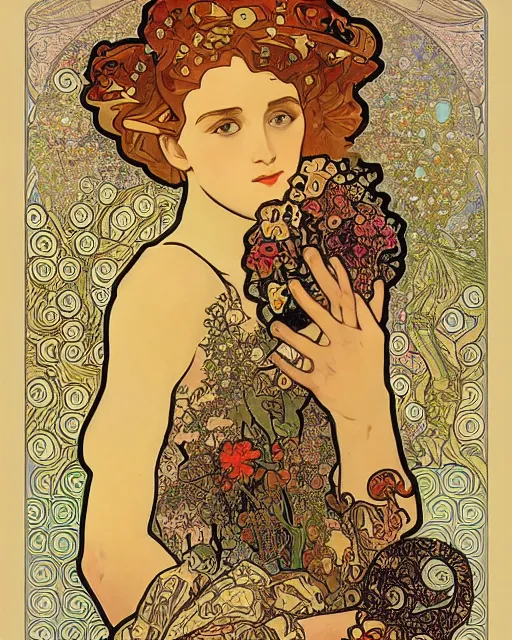 Image similar to a combination of the art styles of Alphonse Mucha and Gustav Klimt