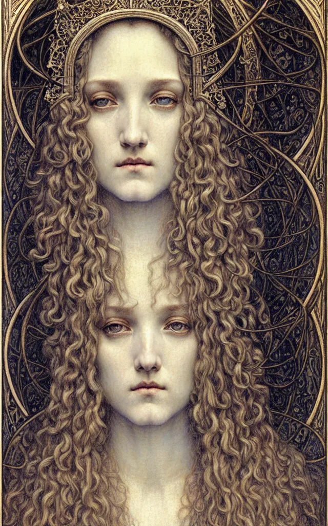 Image similar to detailed realistic beautiful young medieval queen face portrait by jean delville, gustave dore and marco mazzoni, art nouveau, symbolist, visionary, gothic, pre - raphaelite. horizontal symmetry