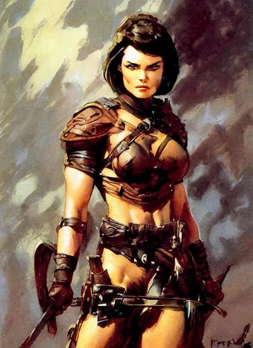 Image similar to portrait of strong female ranger, beautiful! coherent! by frank frazetta, by brom, strong line, deep color, leather armor, short buzzed hair, high contrast