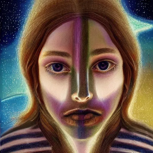Image similar to beautiful detailed artistic portrait of a person travelling between different astral planes. reality is more interesting than you think. stripes if light. grainy and rough. fine detail. soft colour scheme. artistic detailed painting by lurid ( 2 0 2 2 ). featured on deviantart.