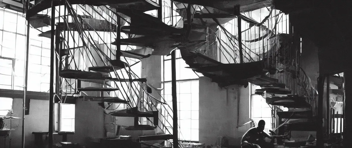 Image similar to frank ocean building a spiral staircase in the centre of the room, inside of a warehouse, greyscale,