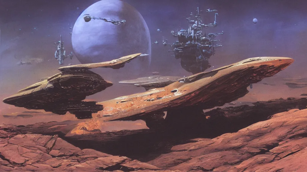 Image similar to small organic dropship lander by john schoenherr and jim burns, epic cinematic matte painting